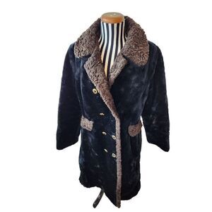 Vintage 60s Penny Lane Long Black Faux Fur Collared Jacket Coat Black M